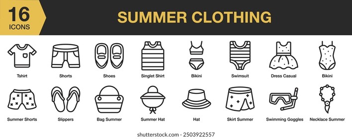 Summer Clothing icon set. Includes bag summer, bikini, dress, singlet, swimsuit, t shirt, summer hat, and More. Outline icons vector collection.