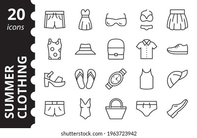 Summer clothing icons set. Collection vector symbols in a simple linear style.