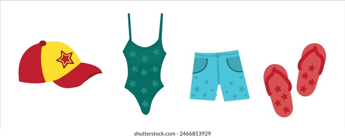 Summer Clothing. Clothing and items for summer season. Seasons vector illustration set