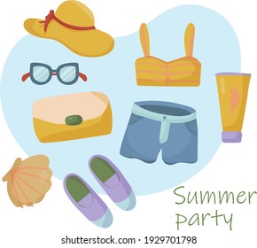 Summer Clothing Set. Beach Accessories. Vector items and things for vacation and travel, planning fashionable outfits and sets.  Casual style. Simple flat illustration.