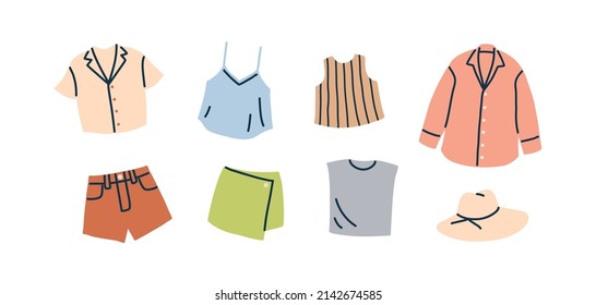 Summer clothing set for women. Casual holiday wearing. Fashion female apparel. Modern shorts, shirts, hat, top, skirt and blouse for summertime. Flat vector illustrations isolated on white background