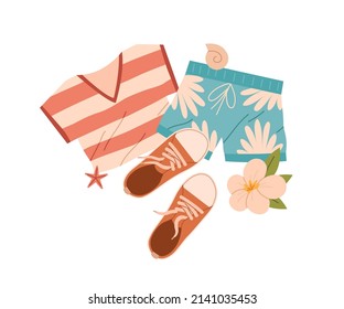 Summer clothing with t-shirt, beach shorts, sneakers. Tourists apparel, travel garments with tshirt. Holiday outfit, wearing for summertime. Flat vector illustration isolated on white background
