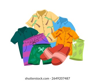 Summer clothing with t-shirt, beach shorts, sneakers. Tourists apparel, travel garments with tshirt. Holiday outfit, wearing for summertime. Flat vector illustration isolated on white background