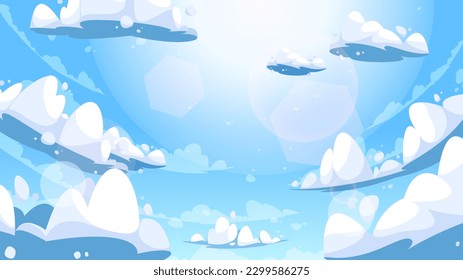 Summer cloudy sky. Cartoon landscape with white fluffy clouds and sun shine. Heaven blue sky with nature atmosphere vector illustration. Warm spring weather with sunlight and cumulus