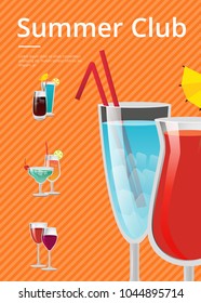 Summer club advertising poster with icons of alcoholic drinks in festive decorated glasses. Vector illustration with beverages on bright orange background