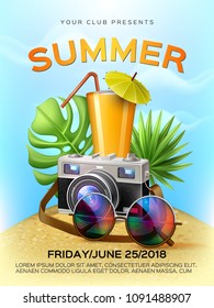 Summer club cocktail party poster template. Realistic 3d orange juice cocktail glass with straw, umbrella on tropical leaves, retro sunglasses, vintage photo camera on sand background. Vector backdrop