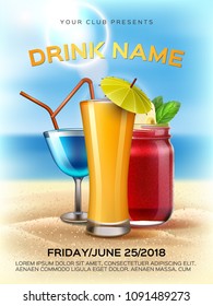 Summer club cocktail party poster template. Realistic 3d orange juice smoothie mason jar, alcohol drink cocktail glass with straw, umbrella on seaside beach sand background. Vector backdrop