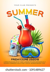 Summer club cocktail party poster template. Realistic orange cocktail glass with straw, umbrella on tropical leaves, snorkel mask, action camera and ball background. Vector backdrop illustration