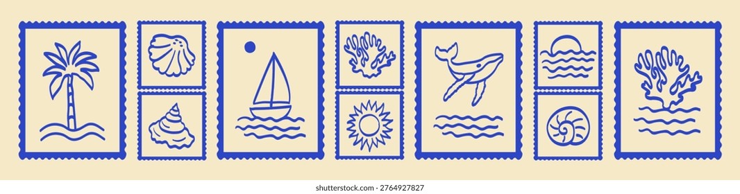 Summer coastal blue vector post stamp ocean set hand-drawn doodle palm tree on waves, seashells, a sailboat under sun, coral, a spiral shell, a bright sun, and a whale above water, minimal postage design.
