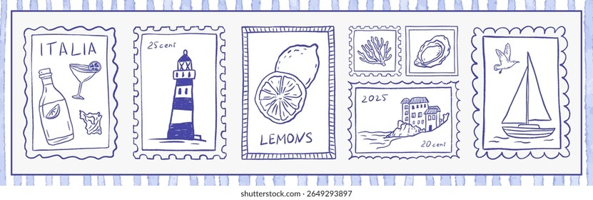 Verão costeiro Itália carimbos quadros limão. Cartão postal de férias Amalfi Vintage com litoral, ostra, barco e farol. Cartaz de mar Mediterrâneo desenhado à mão vetor crayon, ilustração de viagem em azul