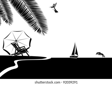 Summer coastal landscape. Black and white illustration.