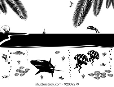 Summer coastal landscape and the inhabitants of the underwater world. Black and white illustration.