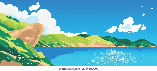 Summer coastal landscape vector with blue sea, green hills, rocky cliff and bright sky. Scenic nature background illustration for travel posters, banners and seasonal design.