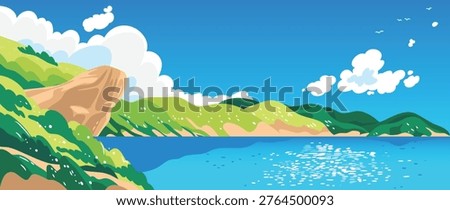Summer coastal landscape vector with blue sea, green hills, rocky cliff and bright sky. Scenic nature background illustration for travel posters, banners and seasonal design.