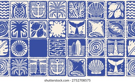 Summer coastal seamless pattern, hand drawn ocean tile texture, tropical travel repeat background. Blue marine vintage wallpaper vacation square mosaic print. Abstract exotic summer textile pattern