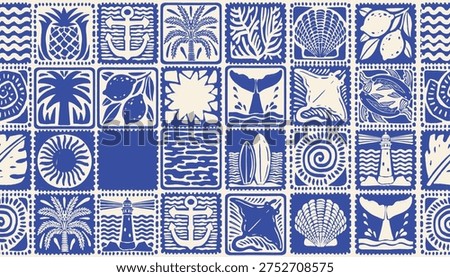 Summer coastal seamless pattern, hand drawn ocean tile texture, tropical travel repeat background. Blue marine vintage wallpaper vacation square mosaic print. Abstract exotic summer textile pattern