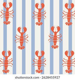 Summer coastal seamless pattern. Lobster pattern with blue stripes design for textile, backgrounds, presentations, wrapping papers, prints, artworks.