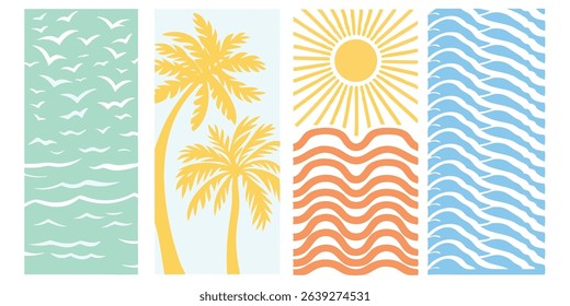 Summer coastal themed illustration set featuring sun palm trees waves and flying seagulls in a stylized design