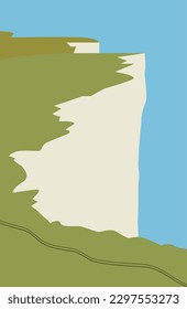 Summer Coastal Vector Illustration with Cliff Overlooking the Ocean, Spring Mountain Illustration, High Tide and Seashore