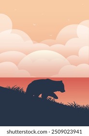 Summer coastline and bear silhouette. Wildlife animals in nature. Grizzly bear, lake and meadow