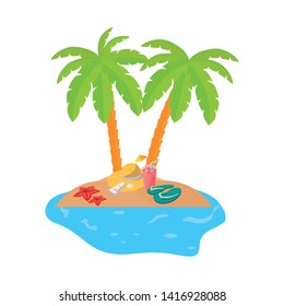summer coastline scene with palms and straw hat