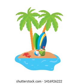 summer coastline scene with palms and surfboards