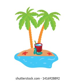 summer coastline scene with palms and water bucket
