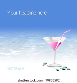 Cóctel de verano - fondo de fiesta en la playa con textura de agua y cielo azul - diseño vectorial