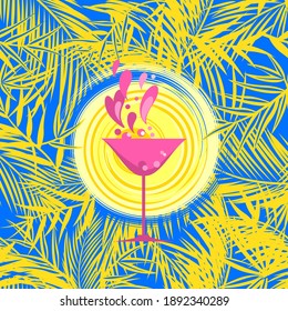 Summer cocktail beach party invitation, flyer or poster template with yellow coconut and fan-leaved palm trees, exotic leaves, sun and martini wineglass