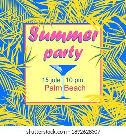 Summer cocktail beach party invitation, flyer or poster template with yellow coco-tree, fan-leaved palms, strelitzia leaves and martini wineglass