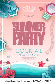 Summer cocktail beach party poster. Top view of tropic summer beach with ocean background. Paper cut out art design