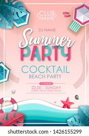 Summer cocktail beach party poster. Top view of tropic summer beach with ocean background. Paper cut out art design