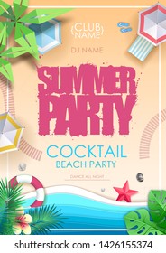 Summer cocktail beach party poster. Top view of tropic summer beach with ocean background. Paper cut out art design