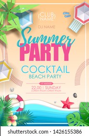 Summer cocktail beach party poster. Top view of tropic summer beach with ocean background. Paper cut out art design