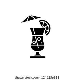 Summer cocktail black icon, vector sign on isolated background. Summer cocktail concept symbol, illustration 