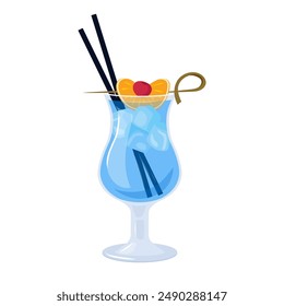 Summer cocktail. Blue lagoon cocktail, summer tropical alcoholic drink. Beach Holidays, summer vacation, party, cafe-bar, recreation concept. Isolated vector Illustration.