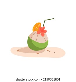 Summer cocktail in coconut shell, with orange fruit slice on sand decorated by flower, straw and umbrella isolated flat cartoon icon. Vector exotic beach alcohol drink, holiday sea romantic beverage