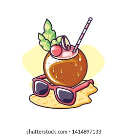 summer cocktail of coconut with sunglasses