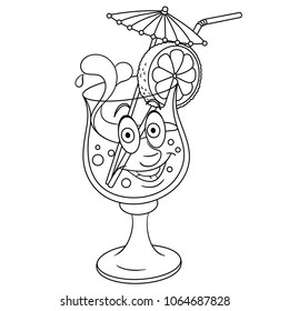 Summer Cocktail Coloring Page. Happy Fresh Beverage concept. Funny Emoticon. Smiley idea. Emoji cartoon design for colouring book, t-shirt print, icon, logo, label, patch, sticker.