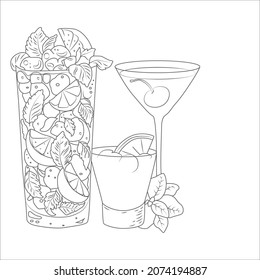 Summer Cocktail Coloring Pages For Kids, Printable | Cocktail Doodle Coloring Book Page. Summer Cool Drink. Black And White Vector Illustration.