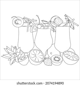 Summer cocktail coloring pages for kids, printable | Cocktail doodle coloring book page. Summer cool drink. Black and white vector illustration.