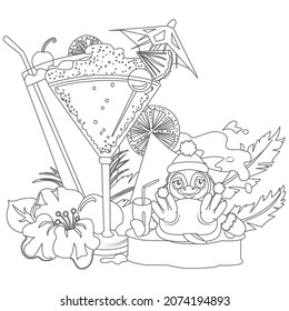 Summer cocktail coloring pages for kids, printable | Cocktail doodle coloring book page. Summer cool drink. Black and white vector illustration.