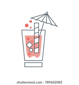 Summer cocktail with cubes of ice, bubbles, straw and decorative umbrella. Simple drinking glass sign in thin line style with pink fill. Isolated vector design for logo