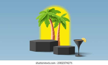 Summer cocktail disco party composition with 3D plastic cosmopolitan cocktail, palm trees and arch with sun. Oldschool style