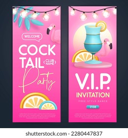 Summer cocktail disco party poster with 3D plastic flamingo, cocktail and string of lights. Invitation design. Vector illustration