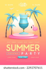 Summer cocktail disco party poster with 3D plastic cocktail, palm trees and flamingo. Vector illustration