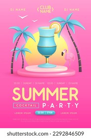 Summer cocktail disco party poster with 3D plastic cocktail, palm trees and flamingo. Vector illustration