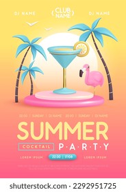 Summer cocktail disco party poster with 3D plastic cosmopolitan cocktail, palm trees and flamingo. Vector illustration