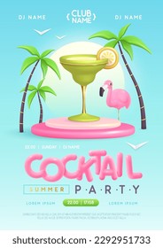 Summer cocktail disco party poster with 3D plastic margarita cocktail, palm trees and flamingo. Vector illustration
