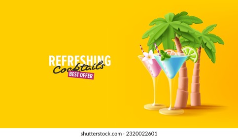 Summer cocktail disco party poster with 3D margarita cocktail, palm trees on yellow backdrop